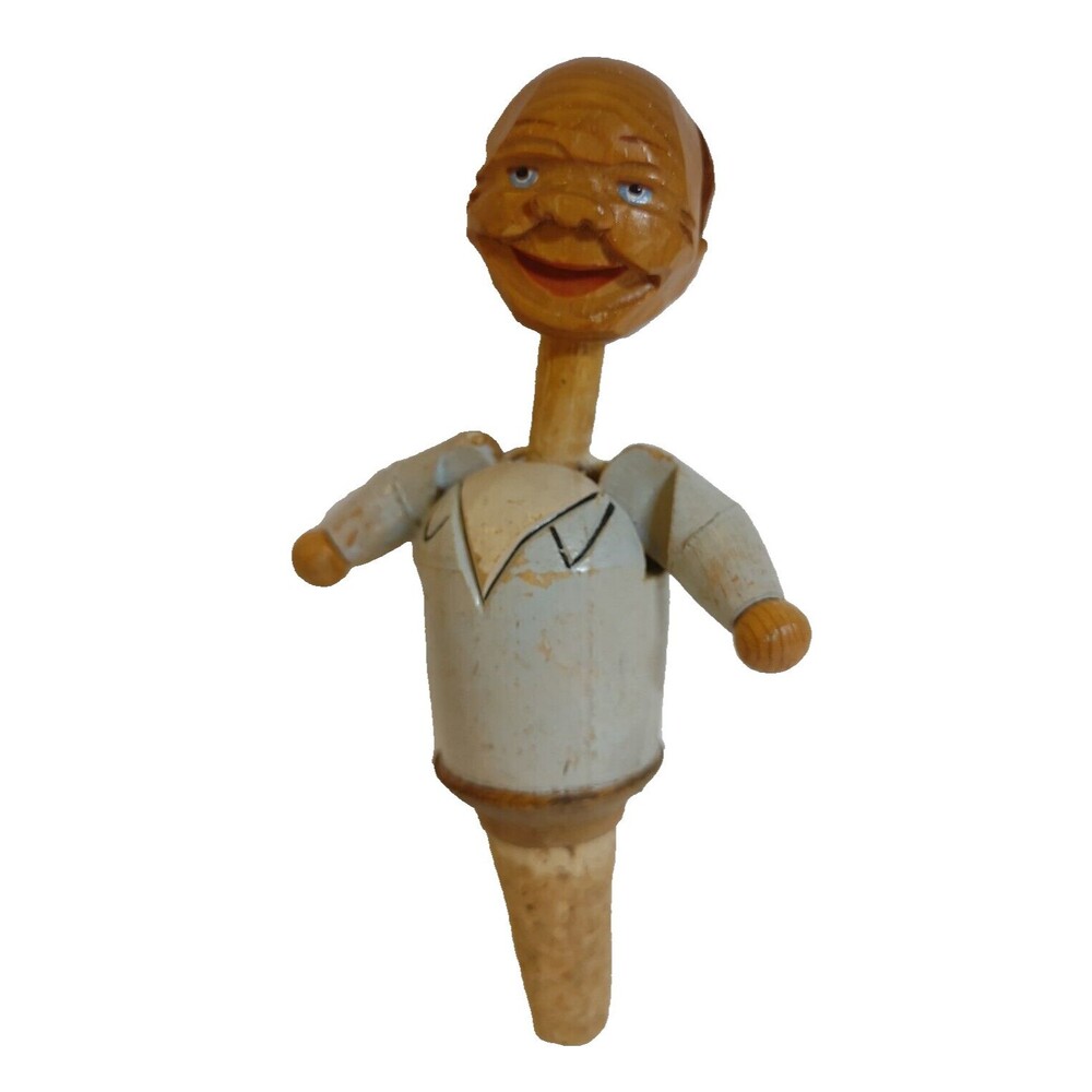 ANRI Mechanical Bottle Stopper Push Head Arms Move  Carved Puppet Folk Art Kitsc